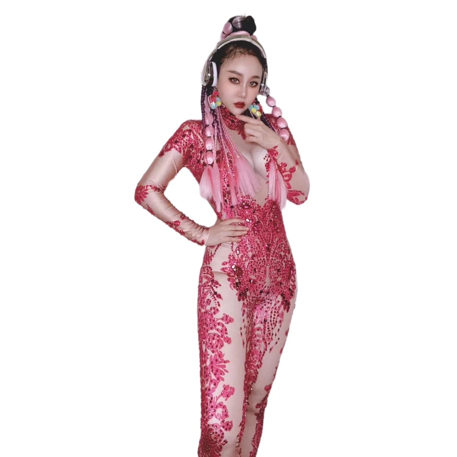 Women Jumpsuits Blue Red Rhinestone Performance Costumes Nightclub Ds Dancing Host Stage Costumes Showgirl party outfit