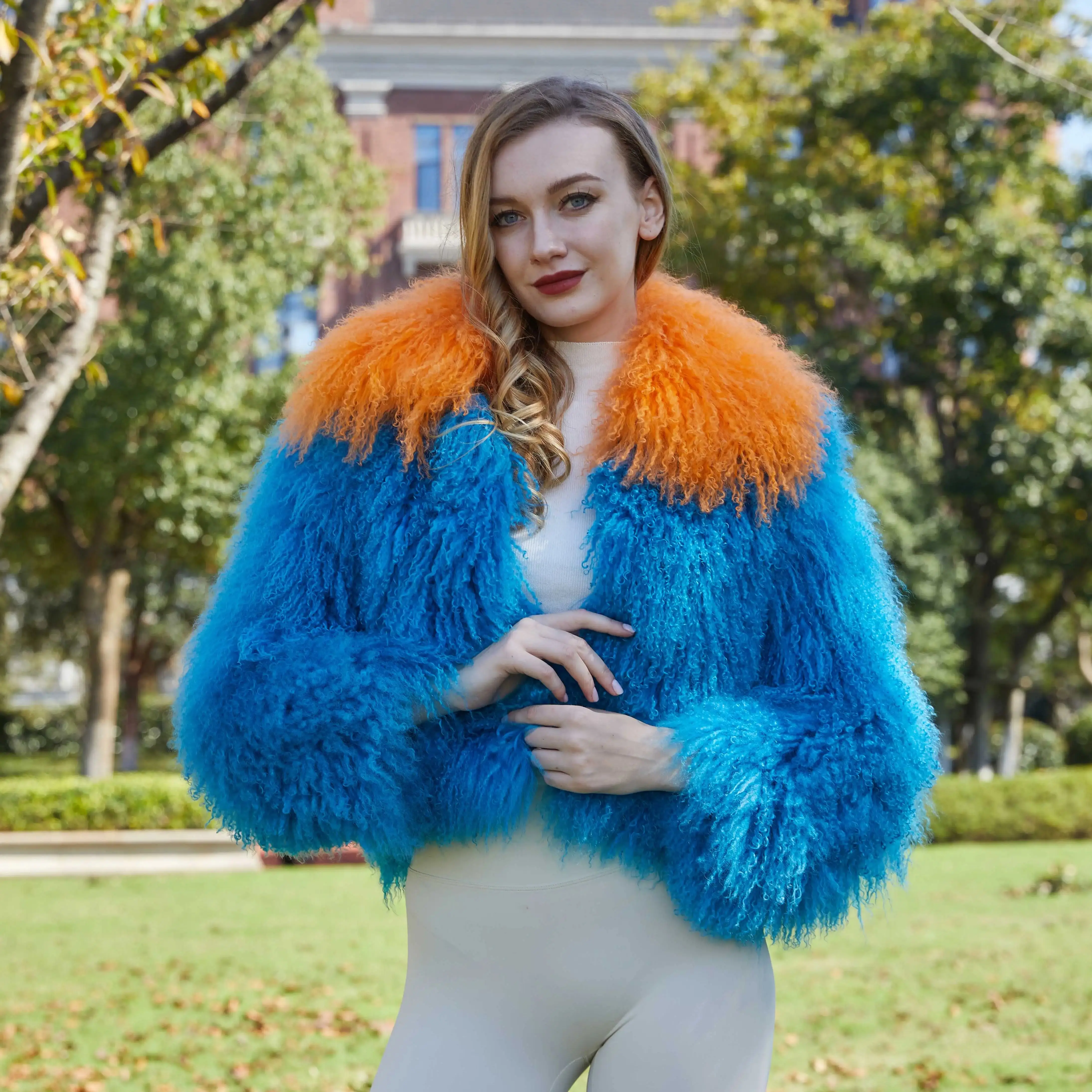 JANEFUR Mixed Color Real Sheep Fur Coat Women 2024 Winter Fashion Luxury Wholesale Custom Mongolian Sheep Fur Jackets