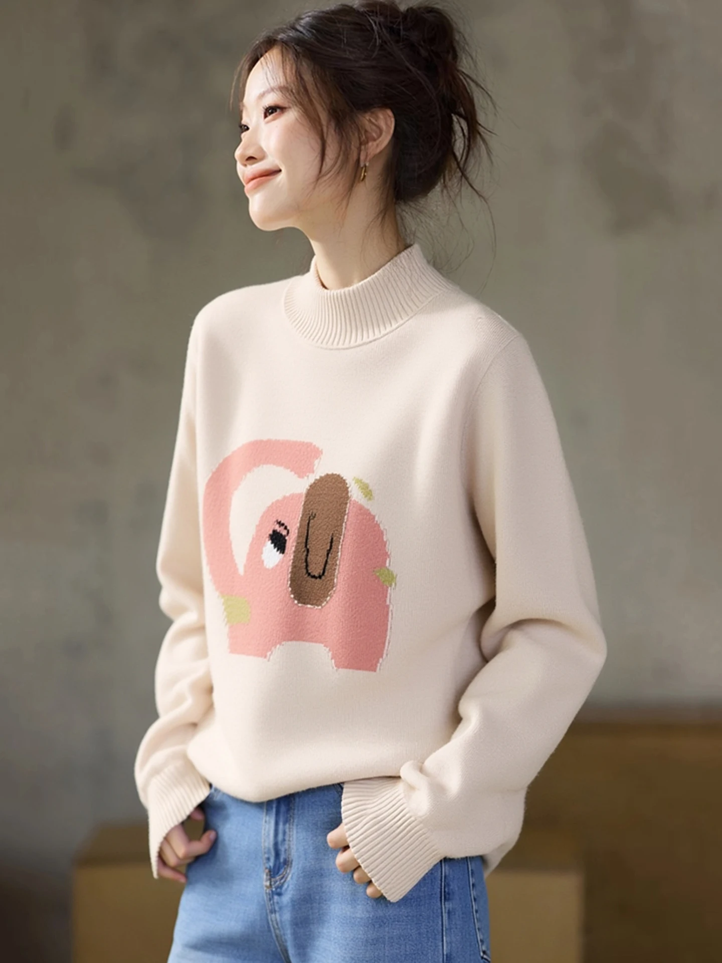 

Laid-ba Cartoon Elephant Knitwear Loose f High Collar Inner Wear Faionable Premium Feel Korean Sle Long Sve Top