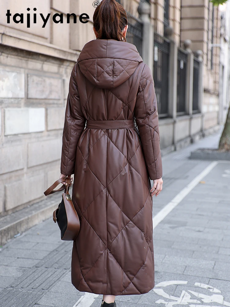 TAJIYANE Real Sheepskin Goose Down Coat Women Long Slim Belt Puffer Jackets Hooded Genuine Leather Jacket Woman Clothes 2025 코트