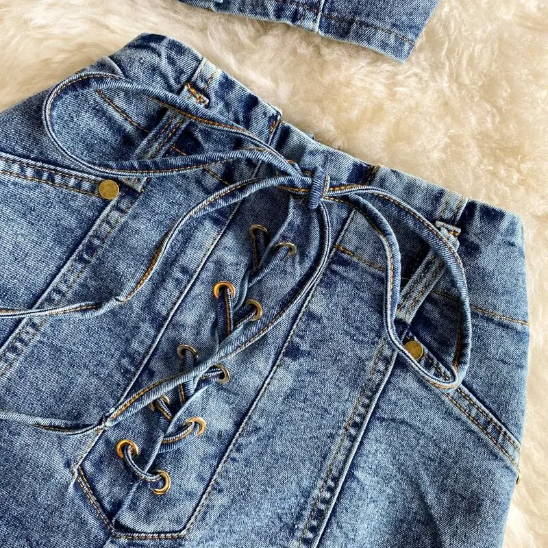 Denim Shorts Sets For Women Girls Turn Down Collar Hollow Out Short Shirts+Shorts Jeans 2 Pieces Clothing Sets Outfits