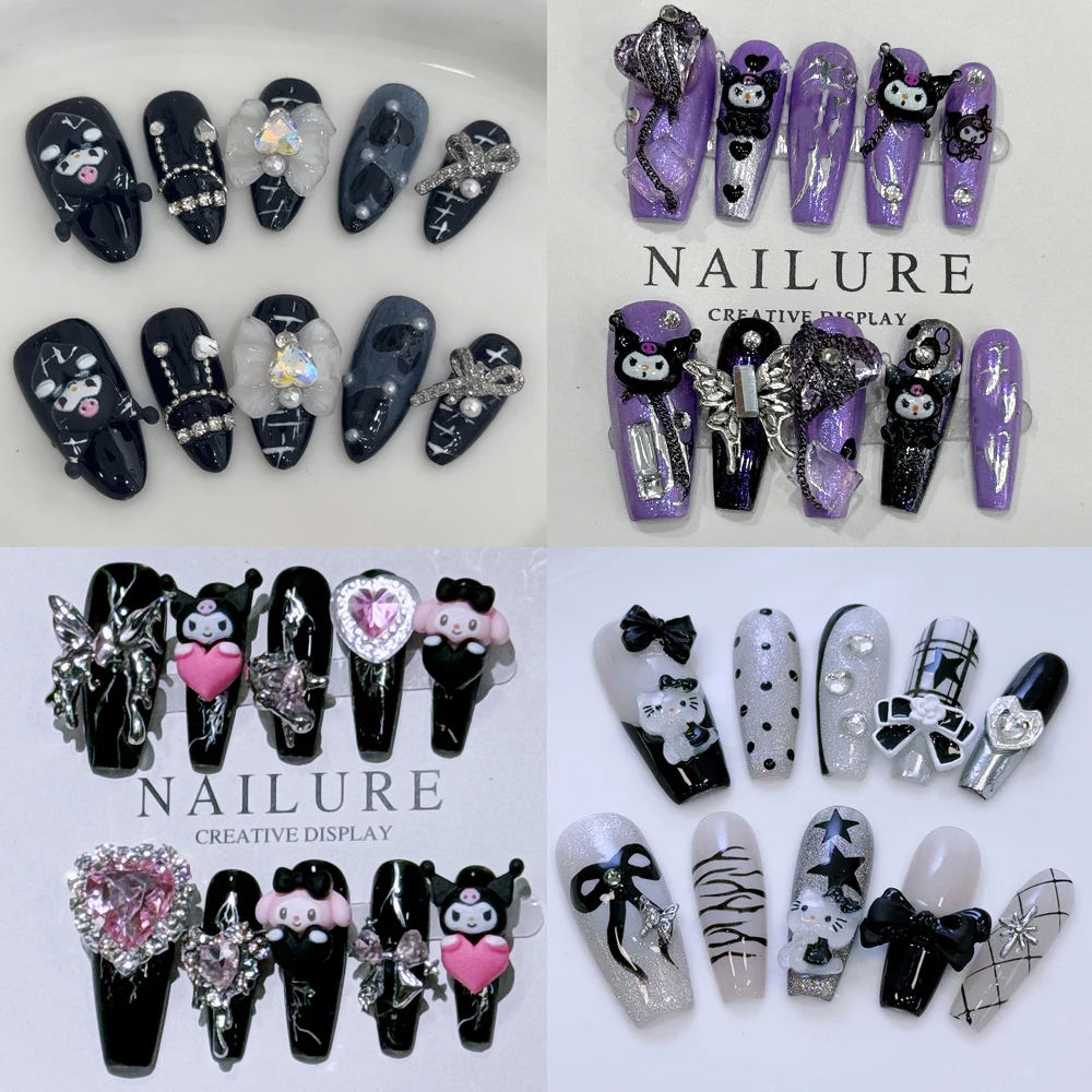 Y2K Sanrio Mymelody Kuromi Long Coffin Stilettos Fake Nail Hello Kitty Leopard Print Metal Butterfly Artifical Nails Stickers