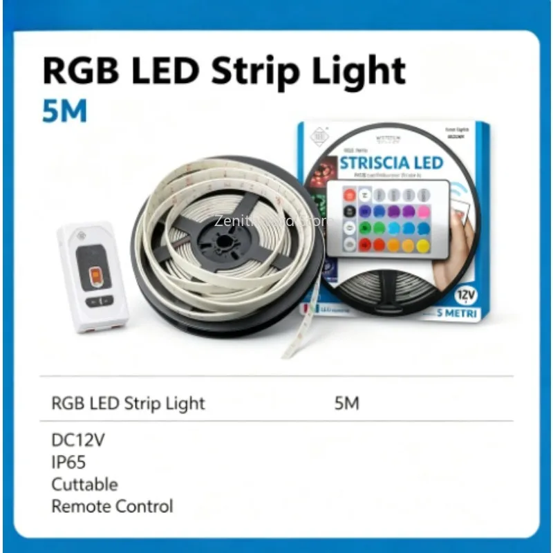 Striscia LED RGB da 5 metri, 2835 SMD, 54 LED/m, 12 V CC, 3 W/m, impermeabile IP65, striscia LED flessibile con telecomando, tagliabile, ideale per la decorazione della casa.