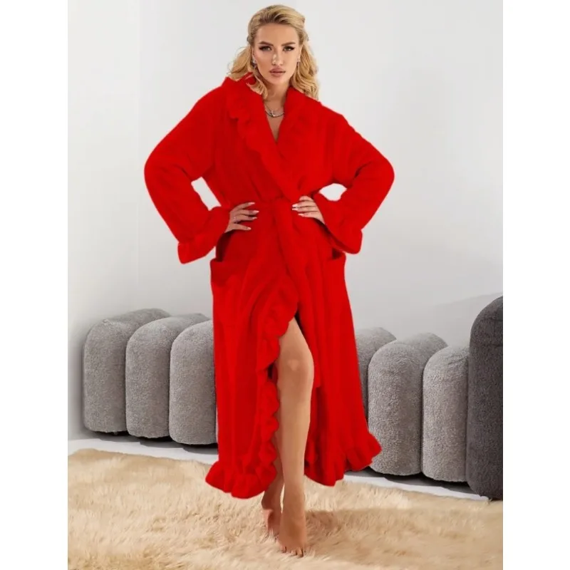 

Women's Long Warm Robe Home Wear 2025 Autumn and Winter Coral Velvet Thickened Bathrobe Casual Soft Solid Lace Up Loungewear