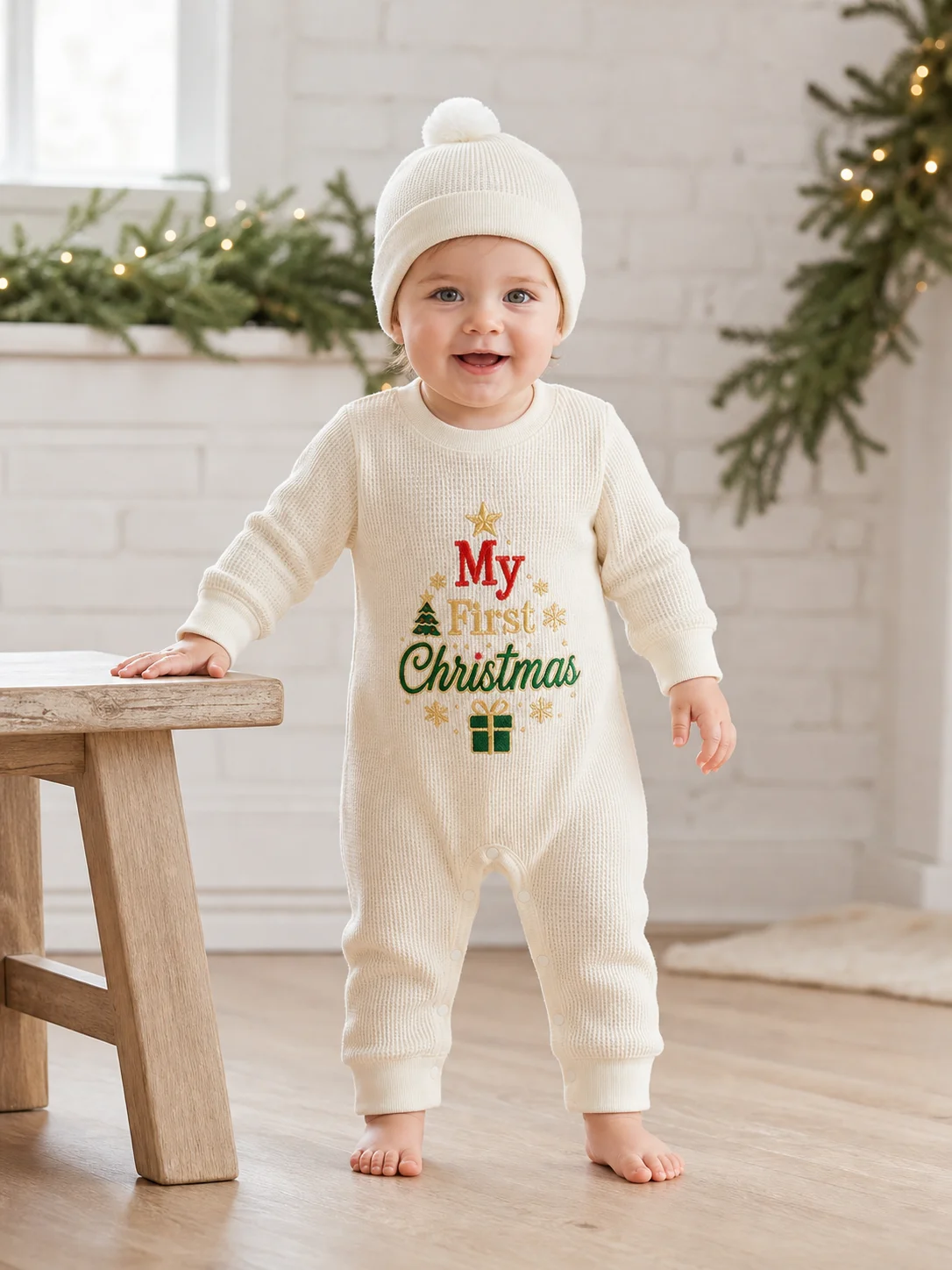 Baby My First Christmas 2Pcs Waffle Romper Set With Pom‑pom Hat Long Sleeve Embroidery Newborn Xmas Holiday Photo Outfit