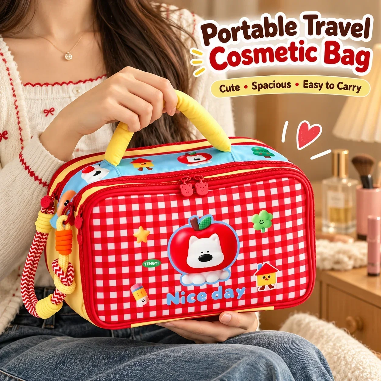 Original Cute Dog Cosmetic Bag, Divided Large Capacity Storage, Portable Toiletry Organizer, Handheld Pouch