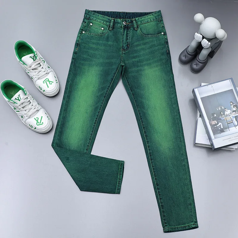 Emerald green jeans men\'s high-end affordable luxury fashion slim fit stretch personality all-matching straight long pants