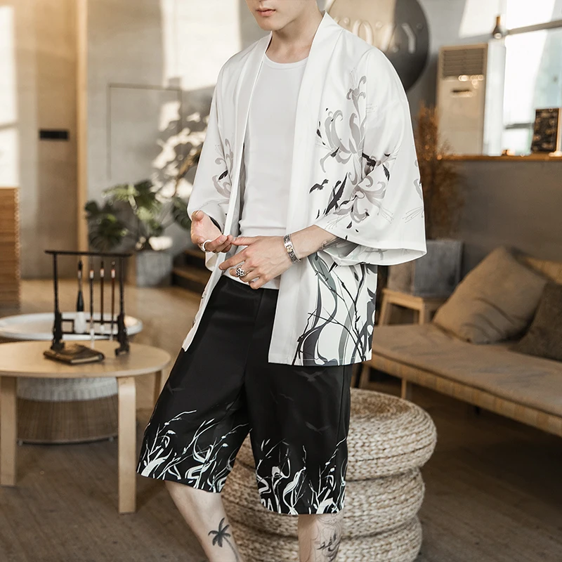 Men Japanese Tracksuit Men Summer Fashion Two Piece Set Kimono Shirt +Shorts Casual Loose Streetwear Male Clothes Men 2Piece Set