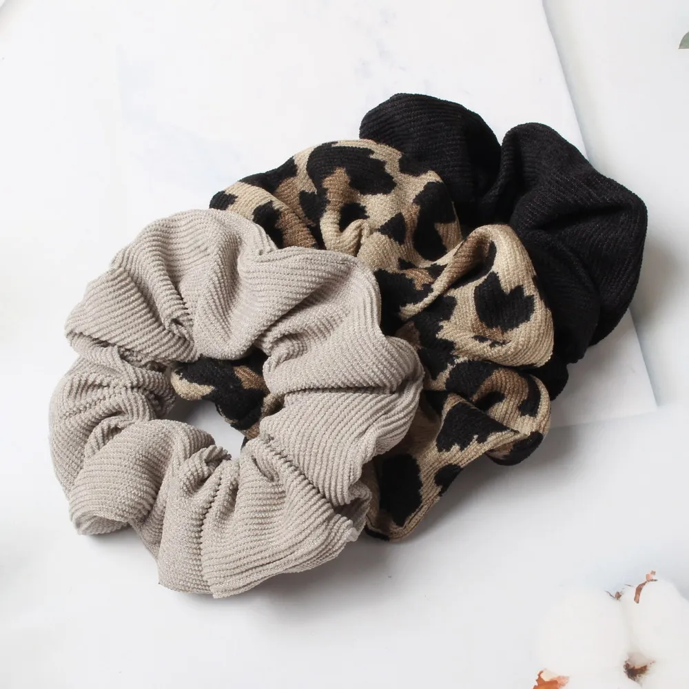 Leopard Print Scrunchie Cord Autumn Winter Corduroy Solid Scrunchies Set Elastic Hair Bands Animal Print Ponytail Hair Tie Rope