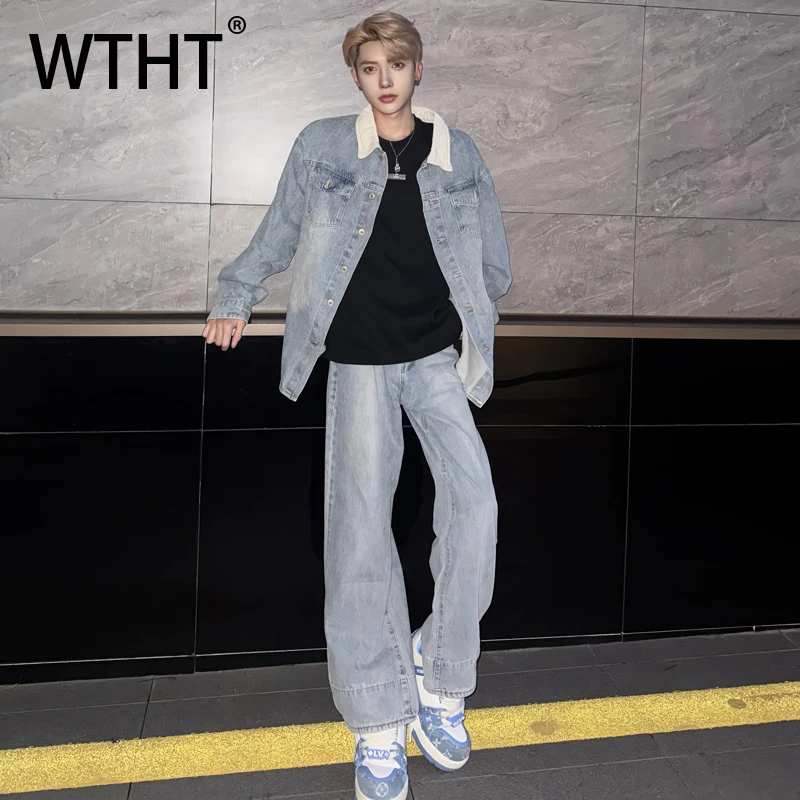 WTHT Fashion Men's Suit Spliced Contrast Color Design Denim Coats High-waisted Straight Jeans Set Male 2025 Autumn 2A2117