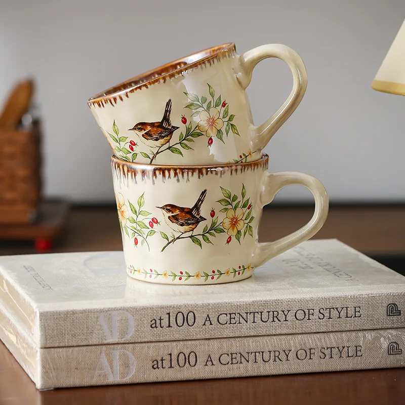 Factory Direct Compatible with Medieval Style Kiln Change V-Shaped Mug Ceramic Flower and Bird Coffee Breakfast Milk Cup