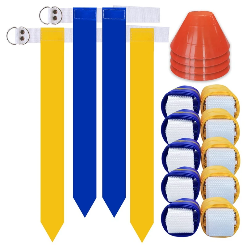 Conjunto completo de bandeira de futebol, conjunto completo de treinamento interno e externo, kit de cintos de futebol com bandeira de 10 jogadores, conjunto de cintos e bandeiras de futebol em pvc