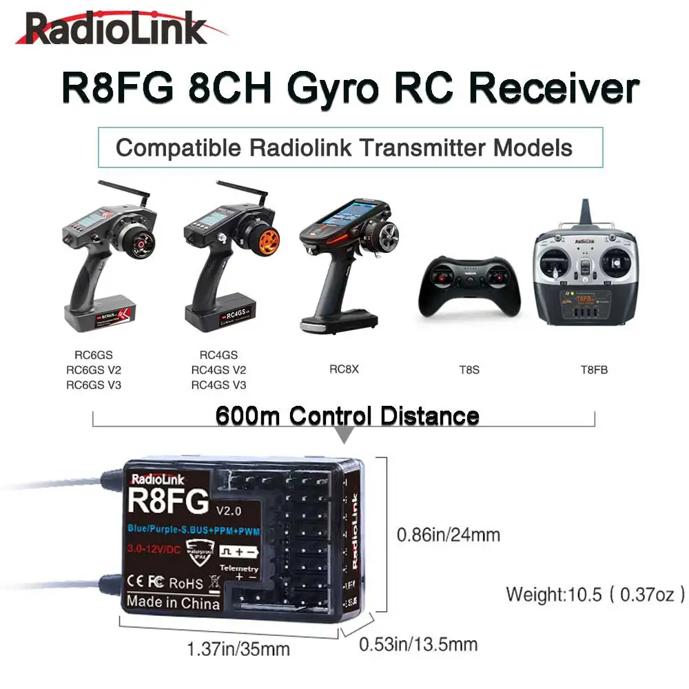 

Radiolink R8FG 8 Ch 2.4G Gyro RC Receiver Dual Antenna Voltage Return 600m Long Range RX for Car Boat RC8X RC6GS RC4GS T8S T8FB