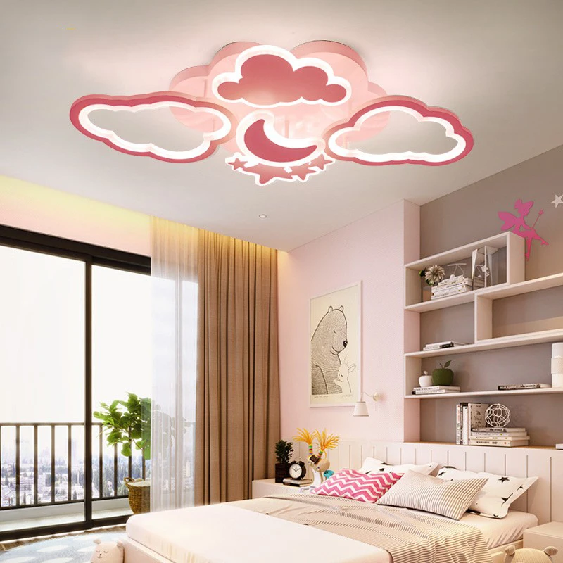 Modern Moon Star Cloud Chandelier Light White Pink Remote Control Children\'s Room LED Chandelier Lamps for Princess Baby Nursery