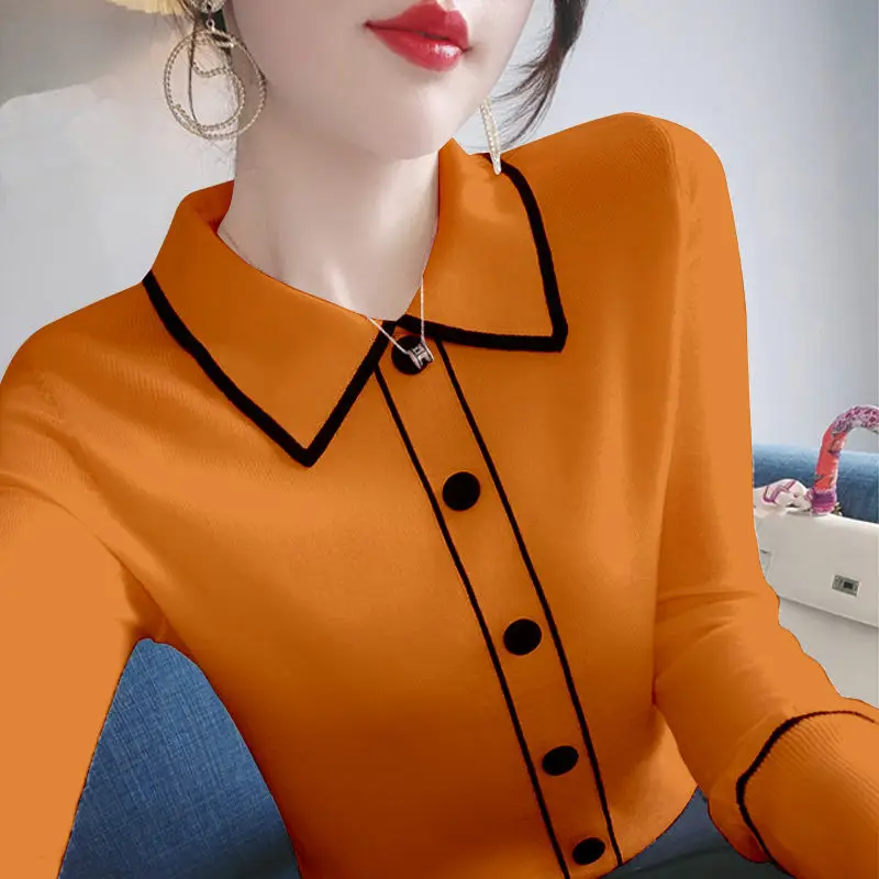 Fashion Lapel Spliced Button All-match Knitted Blouse Women\'s Clothing 2022 Autumn New Casual Pullovers Loose Office Lady Shirt