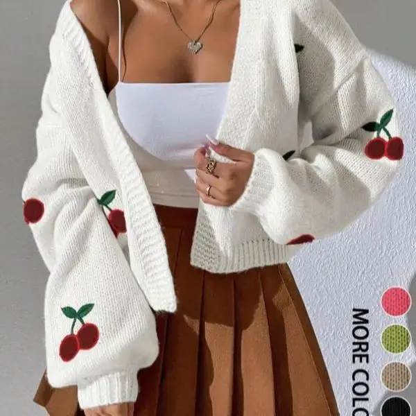 

Men's Knitted Sweater Women's Cherry Embroidery Thiened Coolmax Fiber Ciwalk Collar Inner Wear Winter Season