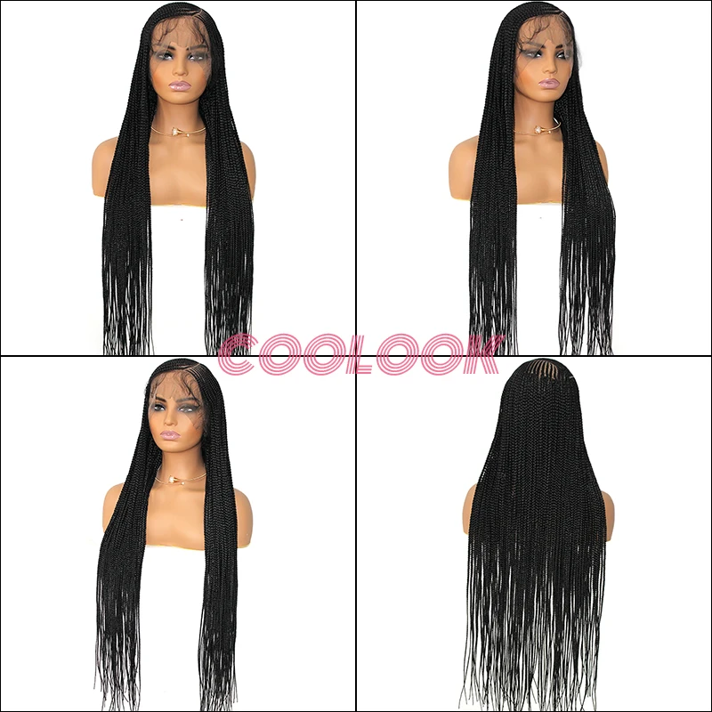 Synthetic Full Lace Frontal Braided Wigs 36inch Cornrow Side Part Heat Resistant Braid Wig Silky Braids Lace Front Wig with Bang