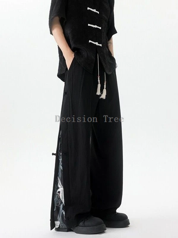 Plue Size Chinese-style Buckle Split Pants Summer Men Spliced Ice Silk Pant Wushu Drawstring Waist Pants Vintage Casual Trousers