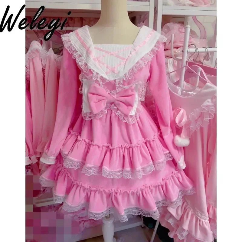 Kawaii Sweet Pink Rojita Dress for Women 2024 Spring New Original Preppy Style Cute Bow Long Sleeved Fleece Lined Fairy Dresses