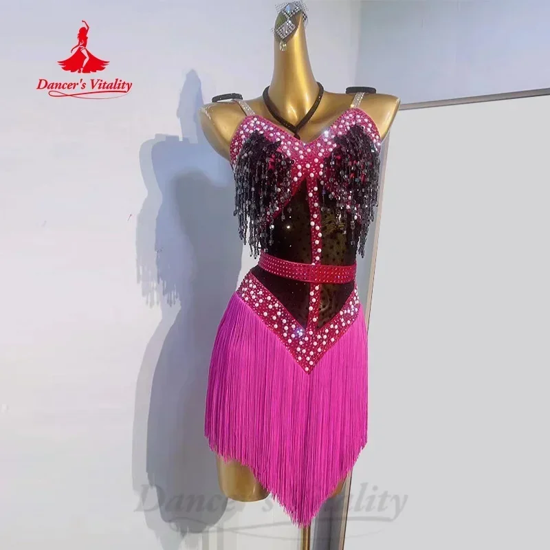 

Latin Dance Diamond Tassel Dress for Women Competiton Dresses Customsized Rumba Tango Cha Cha Professional Performance Costumes