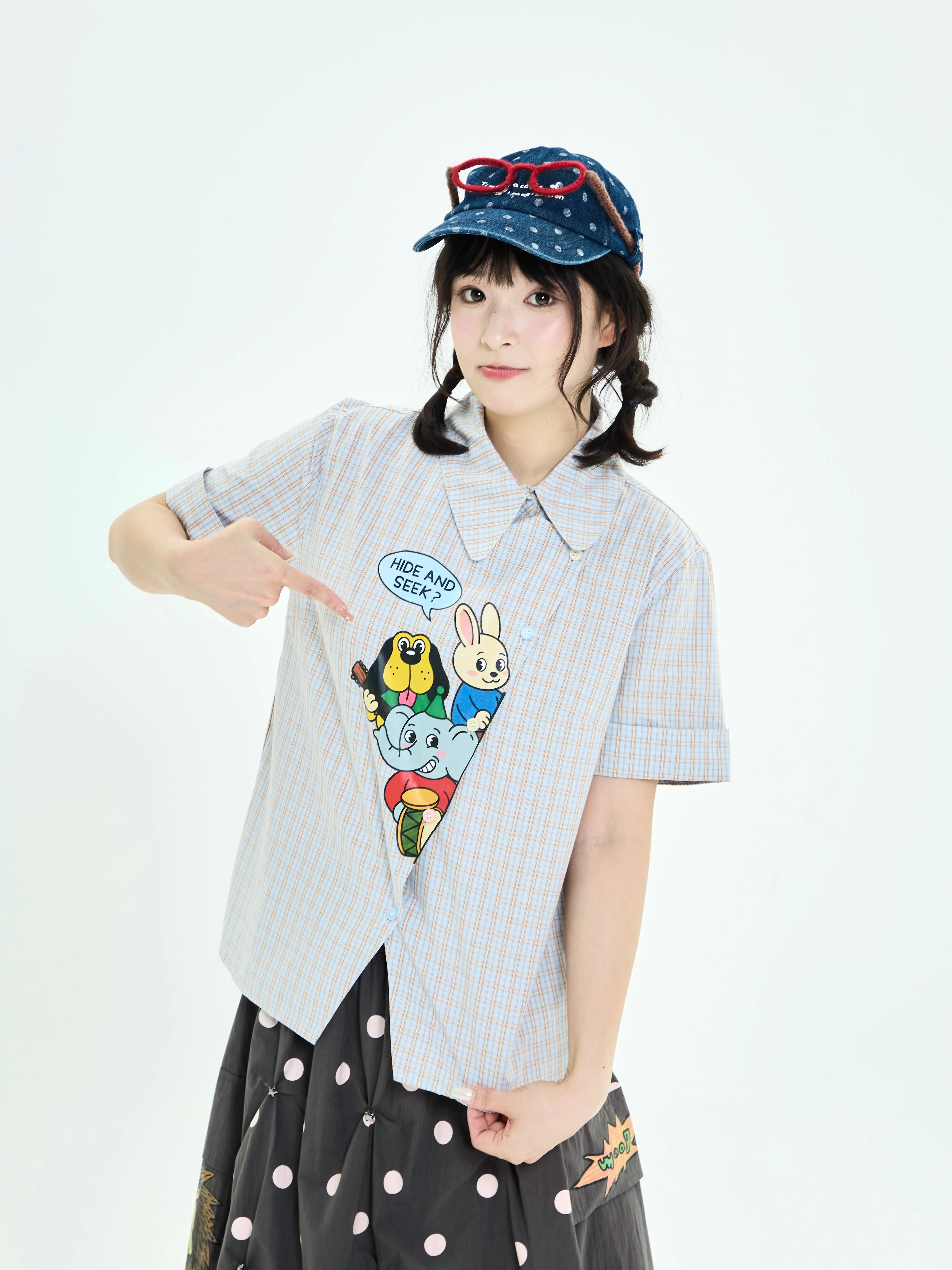 Robootoo Original Illustration Cute Print Asymmetric Design Pure Cotton Slimming Short Sleeve Shirt Children's Fun Style