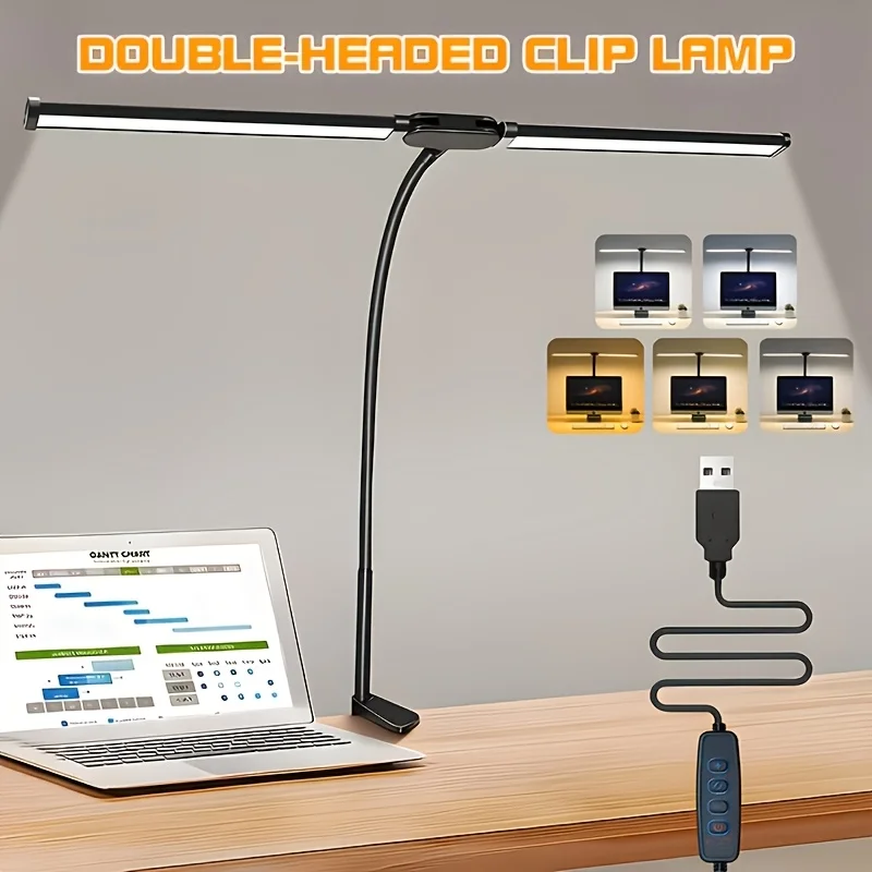 1pc Double-Head Office Desk Lamp, Adjustable Reading Light, 5 Colors Adjustable, Brightness Dimmable, Desk Lamps for Reading