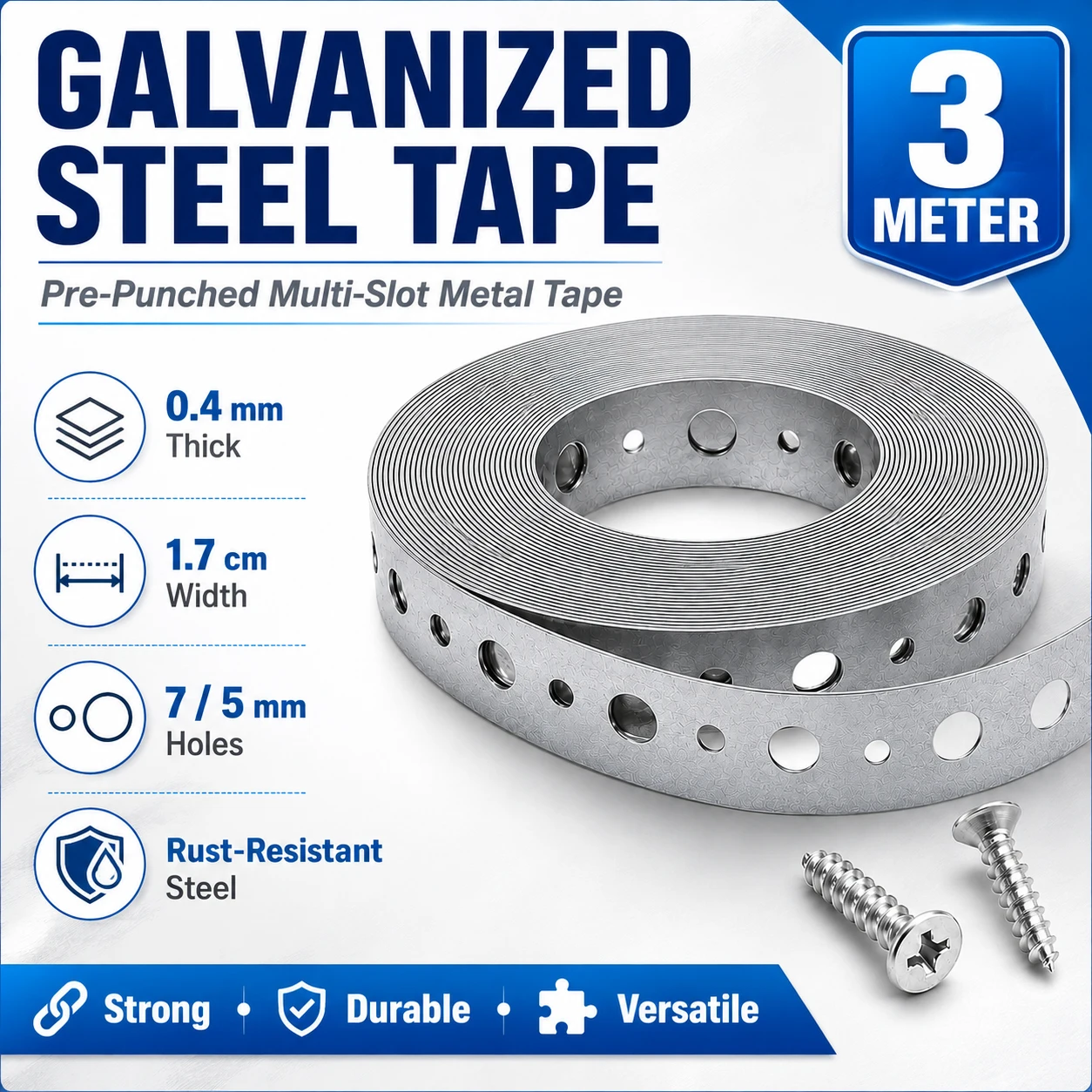 1-5Roll 3meter Pre-Punched Galvanized Steel Band, Perforated Metal Strapping Multi-Slot Hanger Tape with Screws for Pipe Support