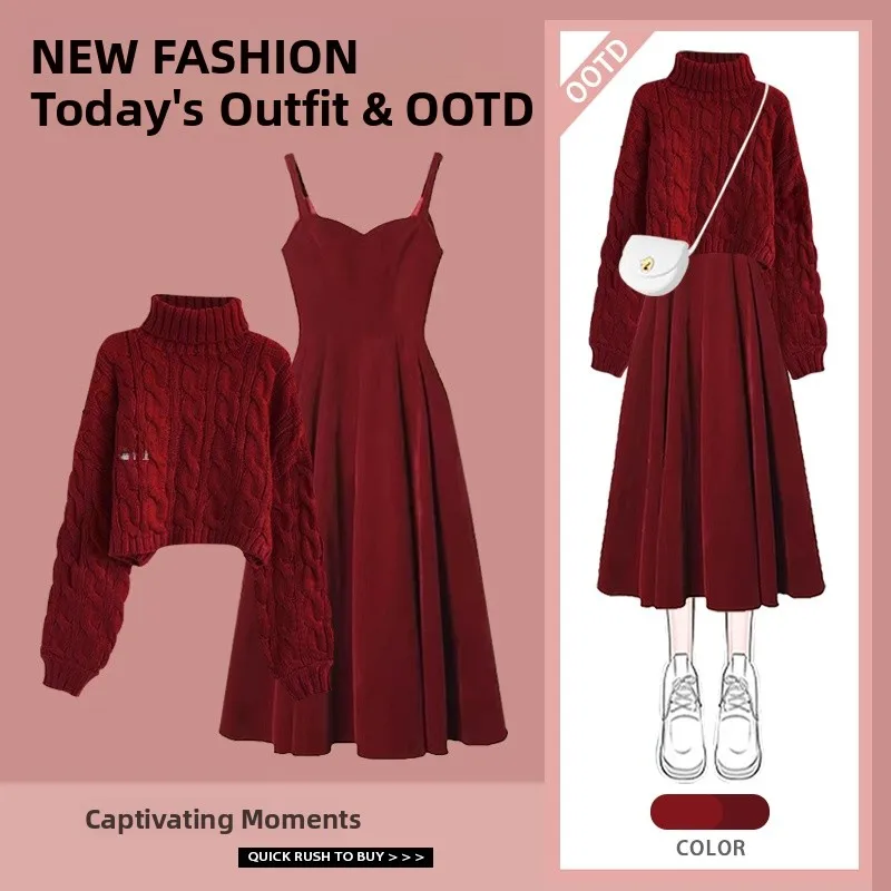 

New Autumn Winter Women's New Year's Two-Piece Set Dress Slimming Meat Covering High Collar Sweater Dress Red Color Block U-Neck