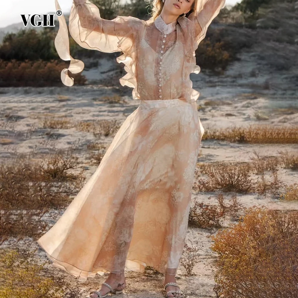 

VGH Slimming Tie Dye Two Piece Sets For Women Round Neck Long Sleeve Top High Waist Skirt Temperament Set Female Fashion Style