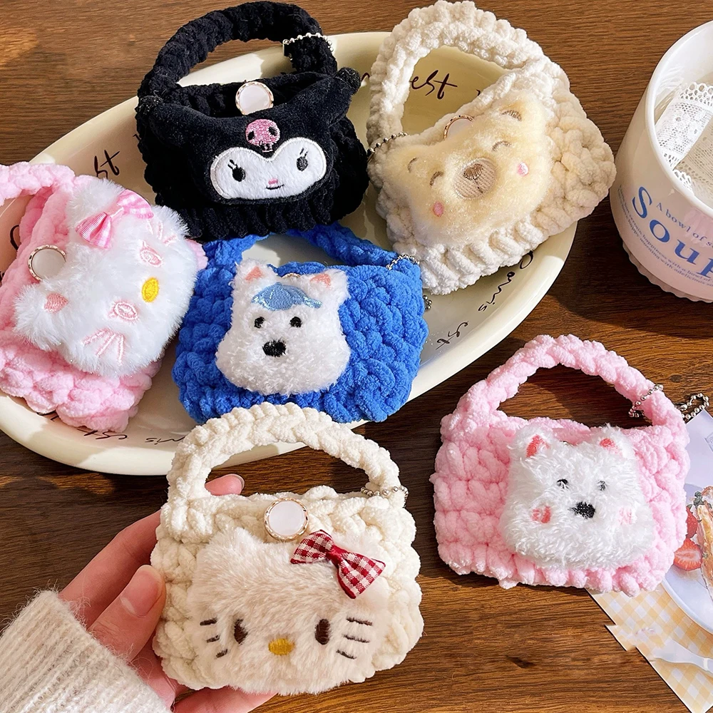 Sanrio Mini Handbag Plush Keychain Kuromi Hello Kitty Fluffy Doll Keyring Bag Pendant Charms Backpack Decoration Easter Gifts