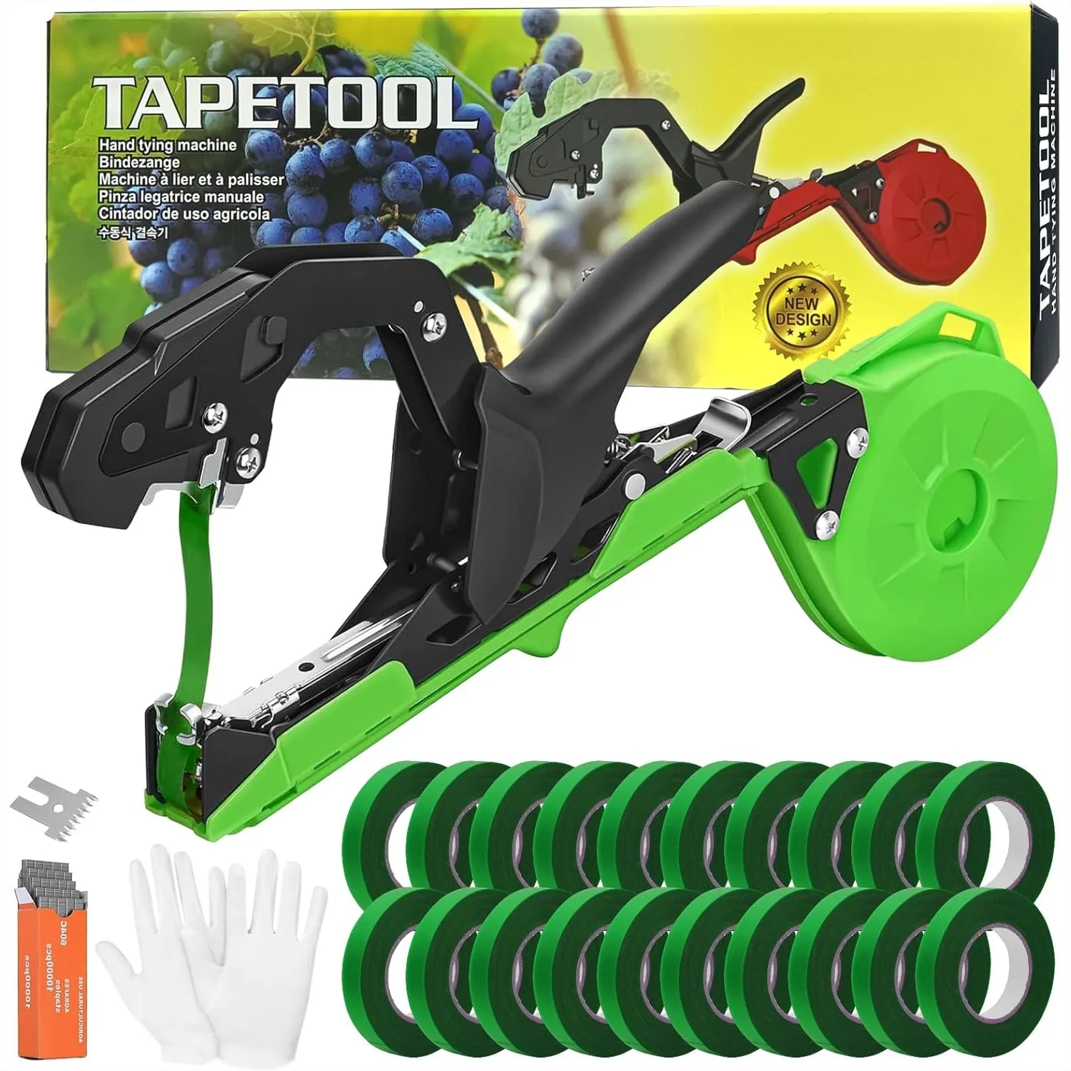 

Plant Tying Machine, Updated Hand Plant Tying Tool with 10000 Staples & 20 Rolls Green Tape for Tomato Grape Pepper