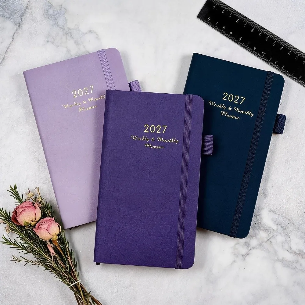 New Leather 2027 Planner Notebook Pen Loop Ribbon Bookmark Monthly Planner Elastic Band Planning Notebook Daily Scheduling
