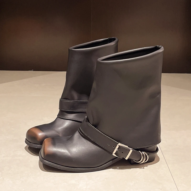 Women Mid Calf Boot Fold Over Cuff Square Distressed Toe Block Heel PU Leather Buckle Strap Fall Winter Casual Ankle Boots Shoes
