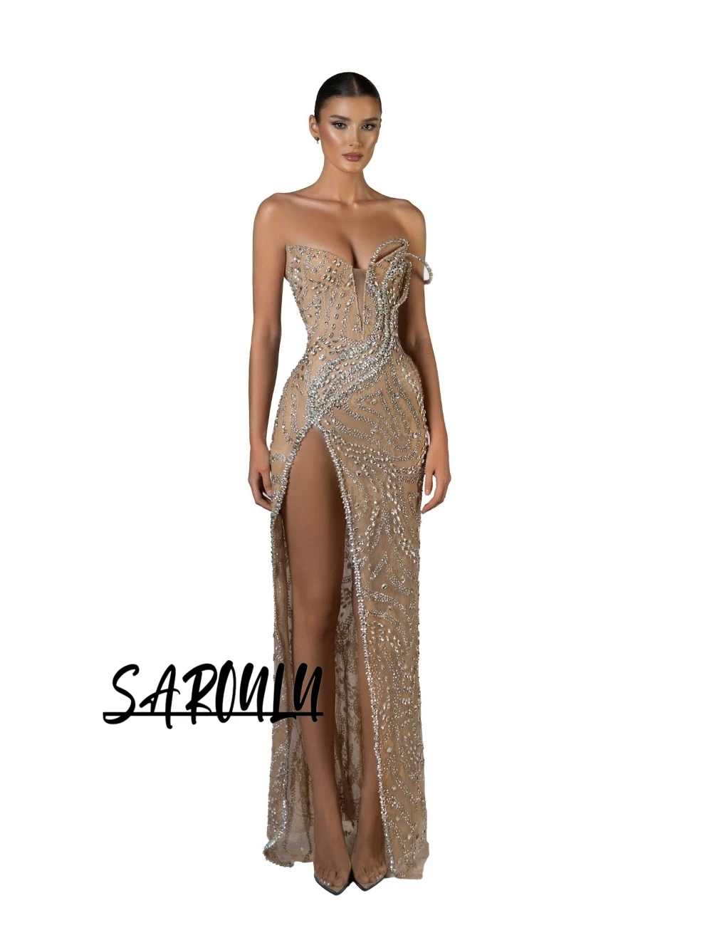 Luxury Beaded Rhinestone Evening Dress Shimmering Strapless High Slit See‑Through Mesh Straight Prom Gown Fashionable Party Wear