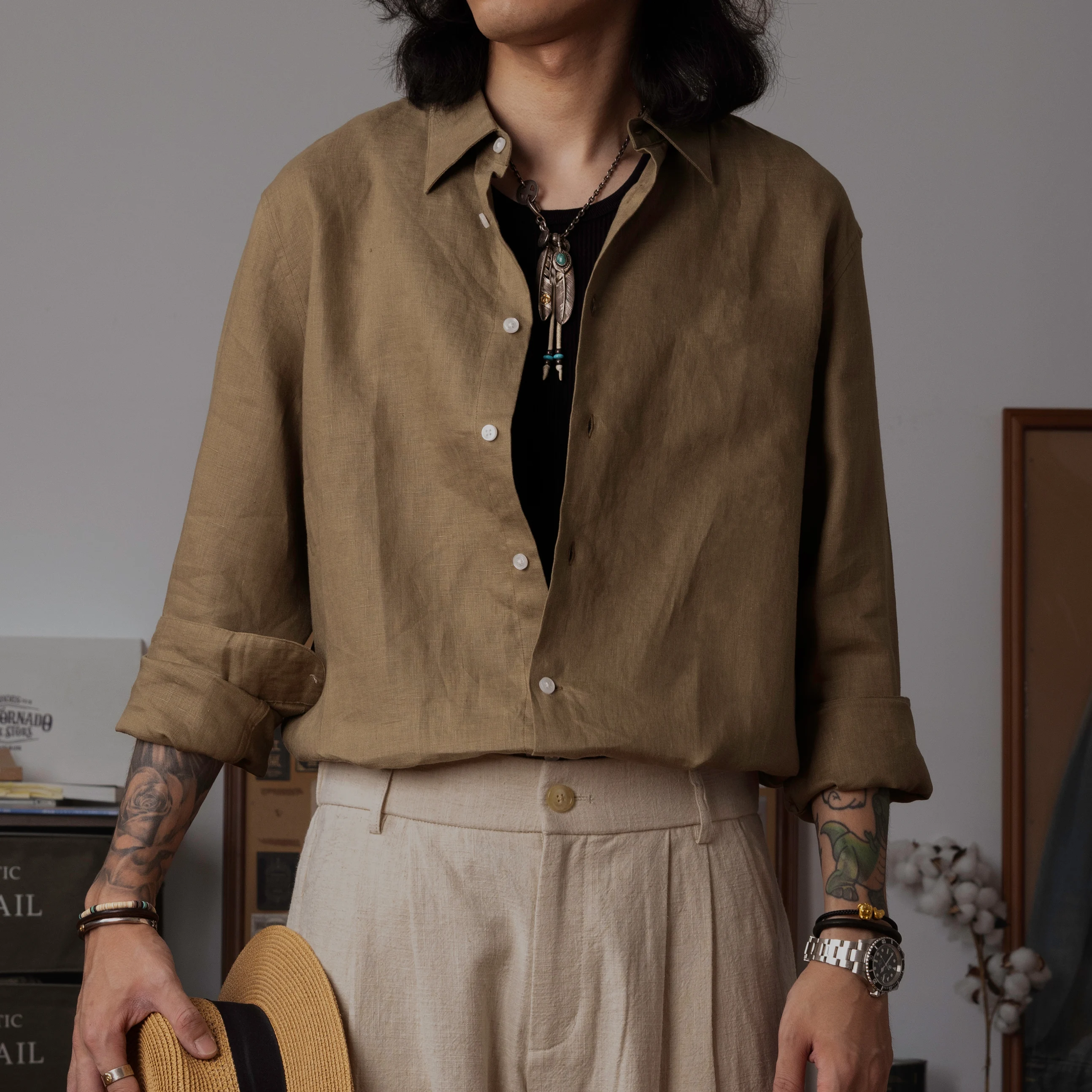 ST-0090 Red Tornado 100% Linen Casual Shirt Men's Vintage Minimalist Iron Free Long Sleeve Summer Beach Vacation Top