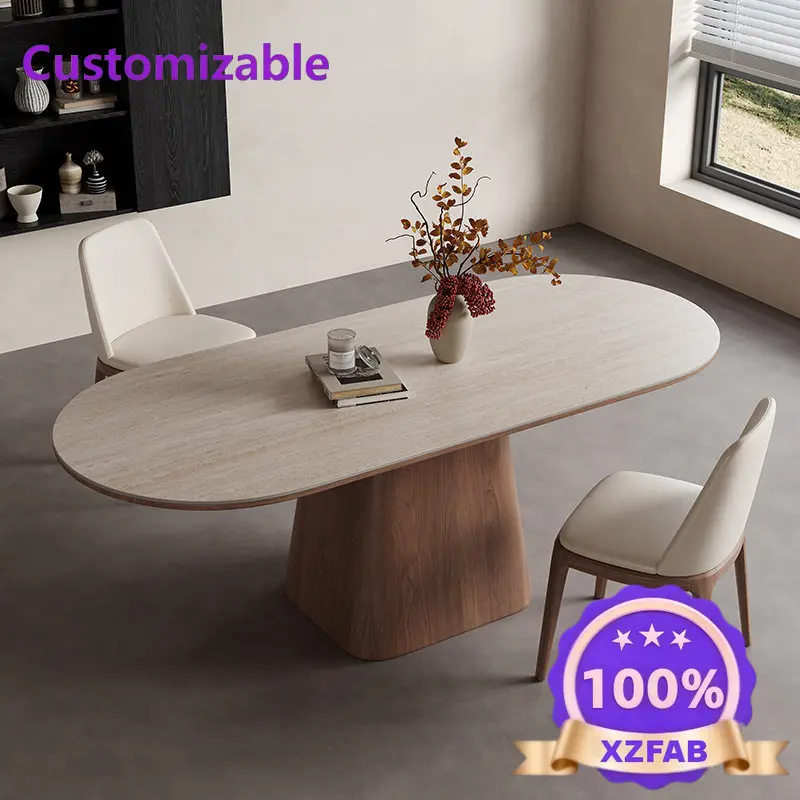 Factory Direct 2026 Nordic solid wood dining table household rectangular travertine rock slab oval dining table high-end dining