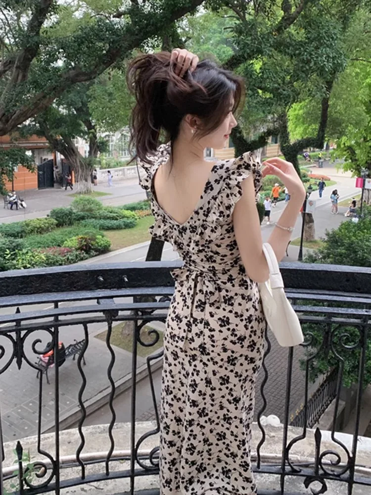 Süße bedruckte Midi-Kleider für Frauen, fliegende Ärmel, japanische Mädchen, niedliches Blumenmuster, Vintage-Rüschen, Strand, Maxi, figurbetontes