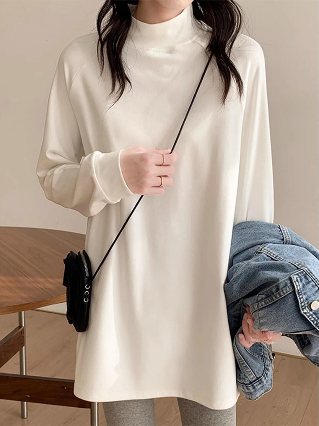 White Mid-Length Fleece-Lined Long Sleeve T-Shirt Women's Autumn Winter Loose Lazy Versatile Butt Covering Top Half High Collar