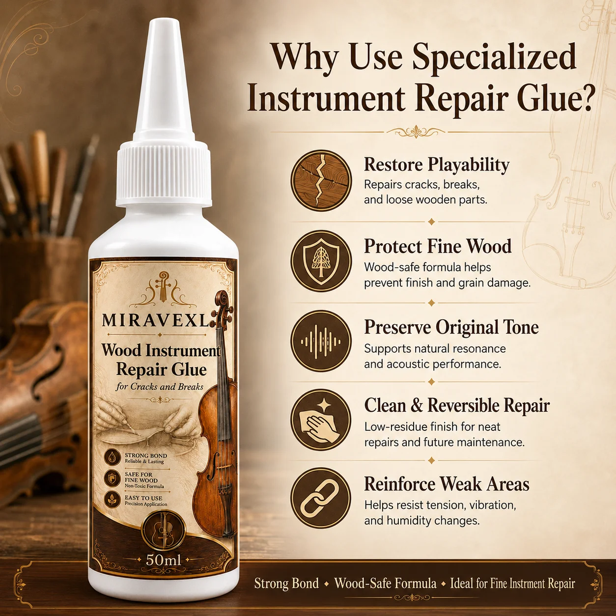 Wood Instrument Repair Glue 50ml Set Flat Brush Detail Brush for Guitar Violin Cello BridgeNeck Crack Fix Adhesive Kit Pack Pro image 5