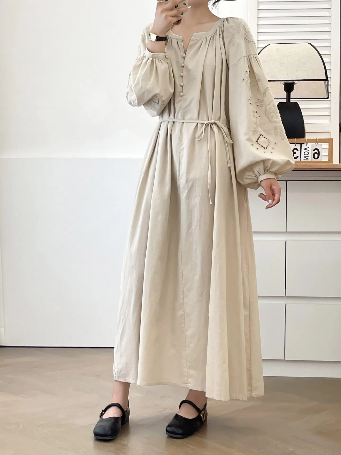 New Summer Cotton Long Sleeve Dresses, Woman O Neck Hollow Out, Mori Girl Casual French Sweet Loose Dress, 2024 Autumn D48124QC