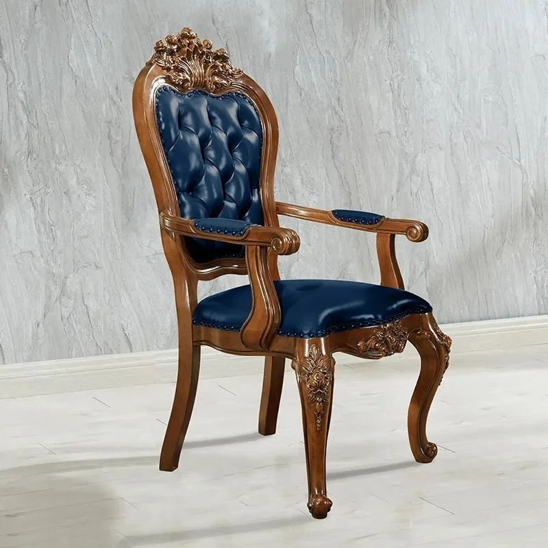 solid wood soft bag leather dining chair armrest carved chair light luxury office back chair living room dining room