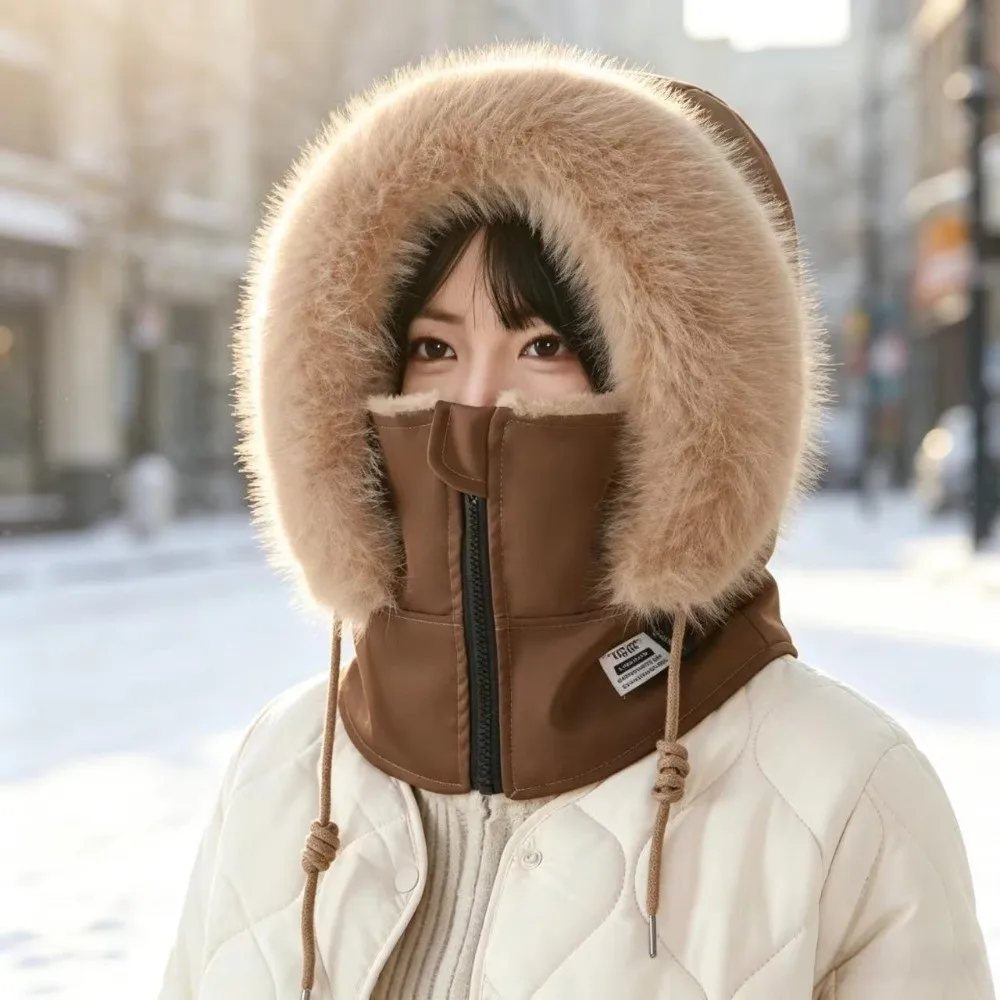 Thick Fleece Lined Winter Balaclava Hat Fluffy Faux Fur Trim Windproof Full Face Neck Warmer Zipper Adjustable Unisex Design