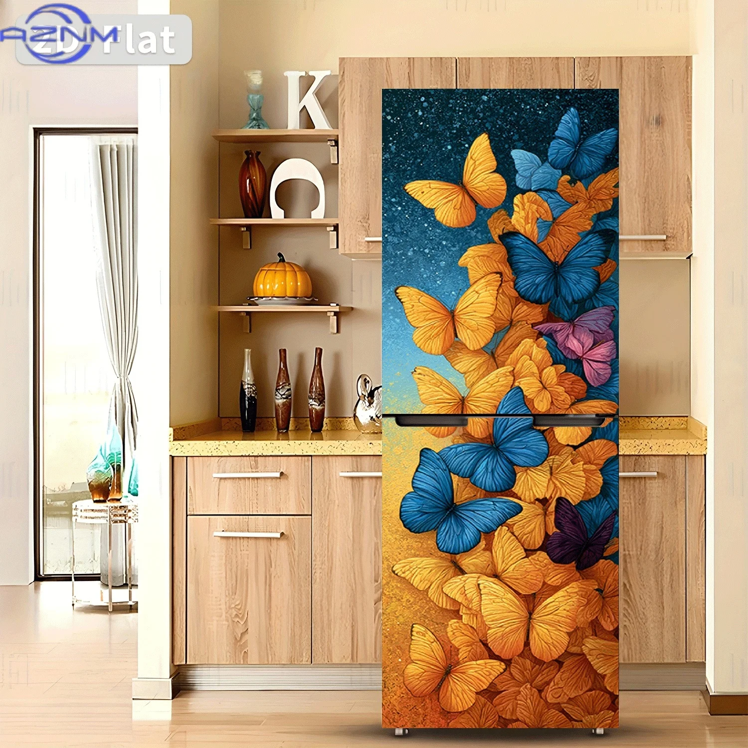 2D Flat Printing 1pc Refrigerator Sticker  Butterfly Dance Blue and Orange Intersection Theme Design Wall Decal Self-Adhesive