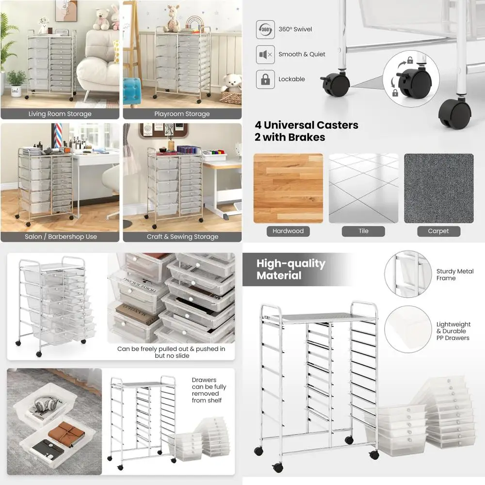 

Тележка для хранения с 15 ящиками, металлическая, на колесиках, для организации пространства в классе, офисе и игровой комнате