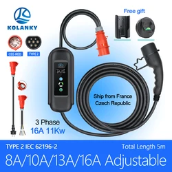 16A 3P 11KW Mobile EV Charger Type 2 Adjust Current And Timer 1-10Hour Charging For Eletric Vehicle Hybrid Cars Cable 5M