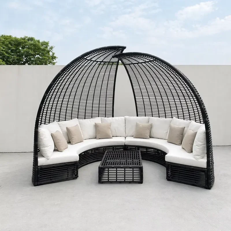 Commercial Outdoor Cabana Sofa Set PE Wicker Aluminum Frame Modular Lounge Chair Garden Furniture Hotel Courtyard Comfortable
