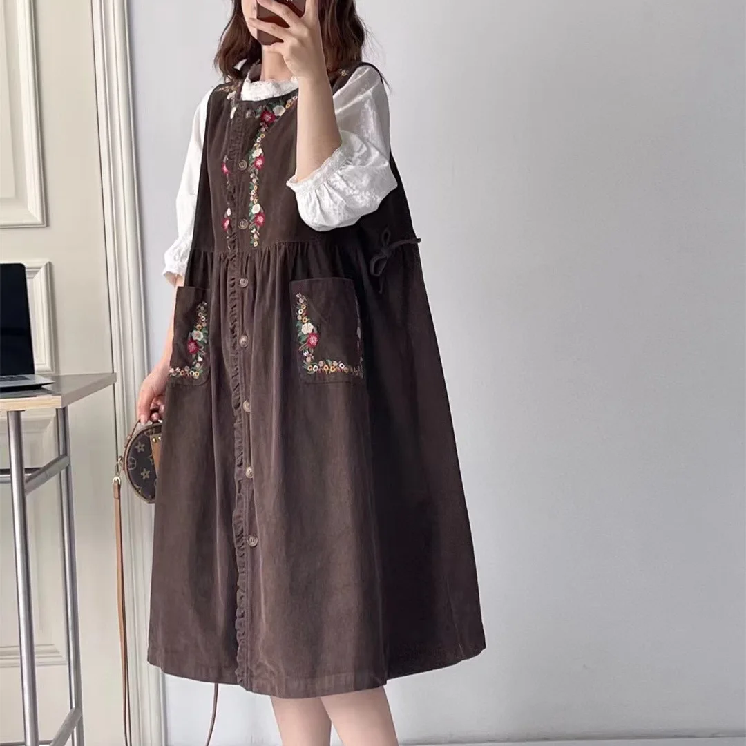 Robe japonaise Mori Girl Vintage brodée florale, gilet en velours côtelé, bretelles, col rond, sans manches, simple boutonnage, débardeur, automne