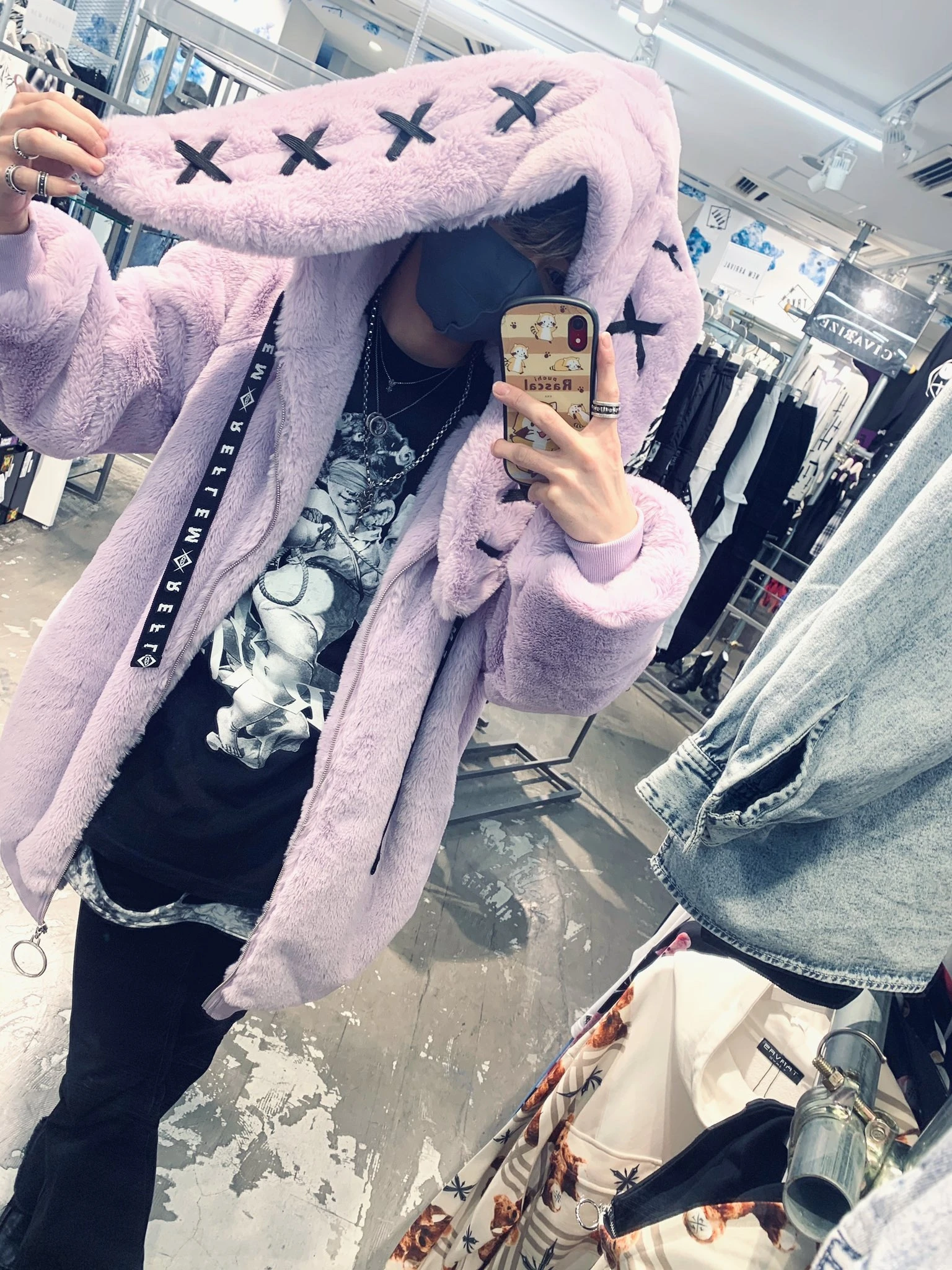 Winter Japanese Harajuku Rabbit Ears Fur Parkas Coat Punk style Oversized Women\'s Mid-Length Thick Warm Plush Coat Zipper Jacket