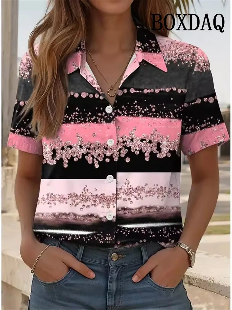 Women's Fashion Shirt Summer Short Sleeve 3D Printed Stripe Pattern Print Blouse Street Tie-Dye Ladies Casual Button Lapel Shirt