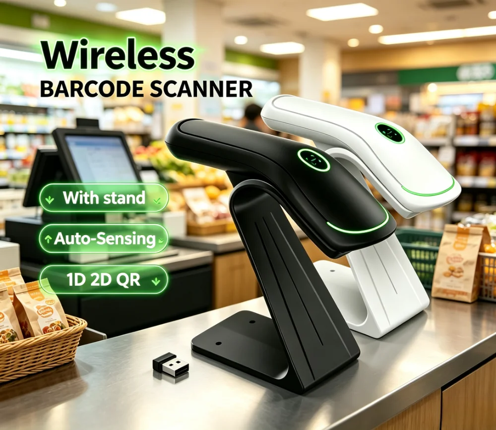 Wireless Bluetooth Barcode Scanner 1D 2D QR Code Reader USB Wired 2 in 1 Auto Sensing Stand Holder Support Screen Code Deformed